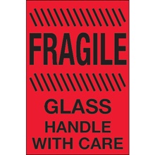 4 x 6" - "Fragile - Glass - Handle With Care" (Fluorescent Red) Labels image